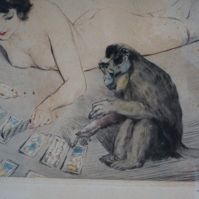 Black Antique French PE Felix Colored Lithograph of a Nude Playing Cards with a Monkey For Sale - Image 8 of 9