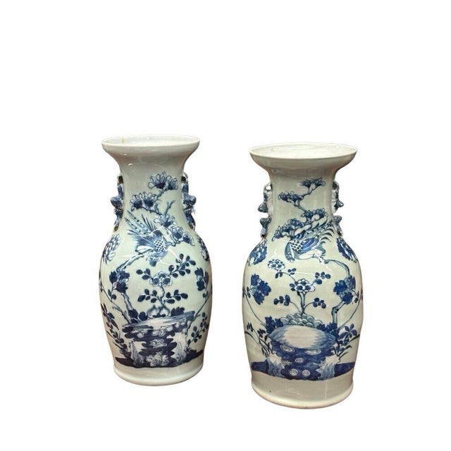 PAIR OF LATE 19TH CENTURY CHINESE BLUE & CELADON VASES WITH HANDLES Elegant pair of late 19th century Chinese porcelain...