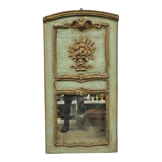 18th C French Louis XV Baroque Style Green Distress Painted Trumeau Wall Mirror For Sale