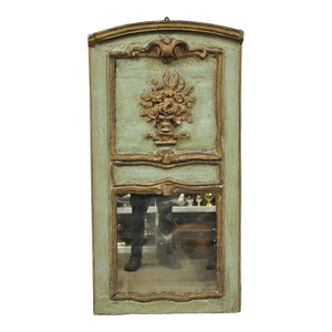 18th C French Louis XV Baroque Style Green Distress Painted Trumeau Wall Mirror