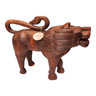 Vintage Hand-Carved Hardwood Lion Sculpture With Gulati Label, 20" For Sale