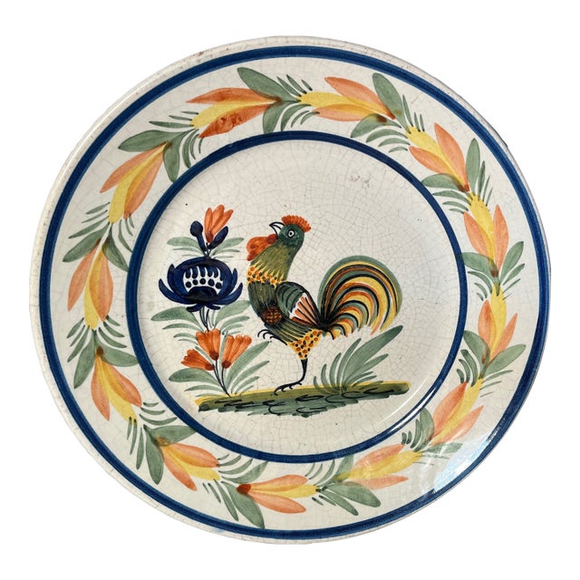 1920s Quimper Soup Bowl Rooster With Floral Border Signed Hb Henriot France For Sale