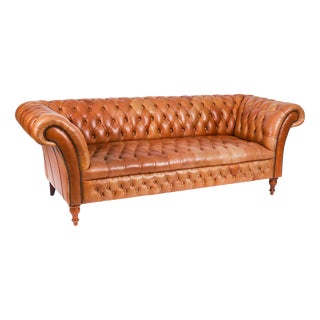 Mid-Century English Button Back Leather Chesterfield Sofa For Sale