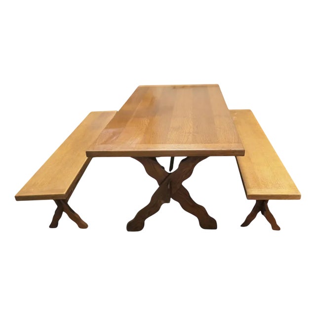 French Oak Refectory Table and Benches, 1960, Set of 3 For Sale