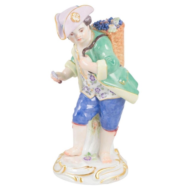 Early 20th Century Porcelain Figurine of Boy with Basket of Grapes from Meissen, Germany For Sale - Image 5 of 5