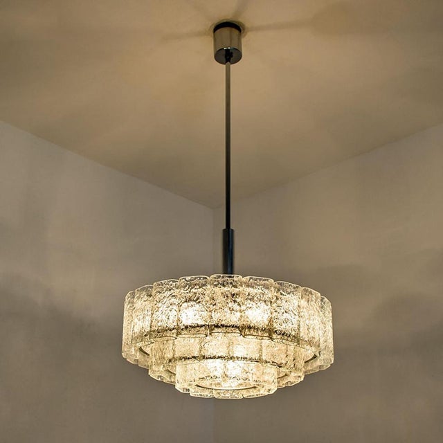 Cylindrical 3 Tier Ice Glass Chandelier attributed to Doria Leuchten, 1960s For Sale - Image 10 of 18
