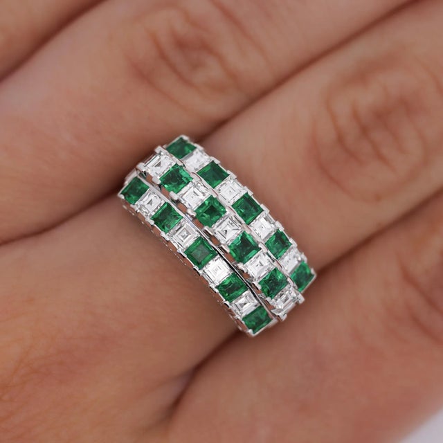 2 Carat total Asscher Cut natural Emerald and Diamond Checkerboard Style Statement Ring, Size 7. Set in platinum 900....