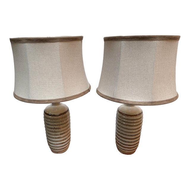 Cream Ceramic Column Table Lamps, Pair For Sale