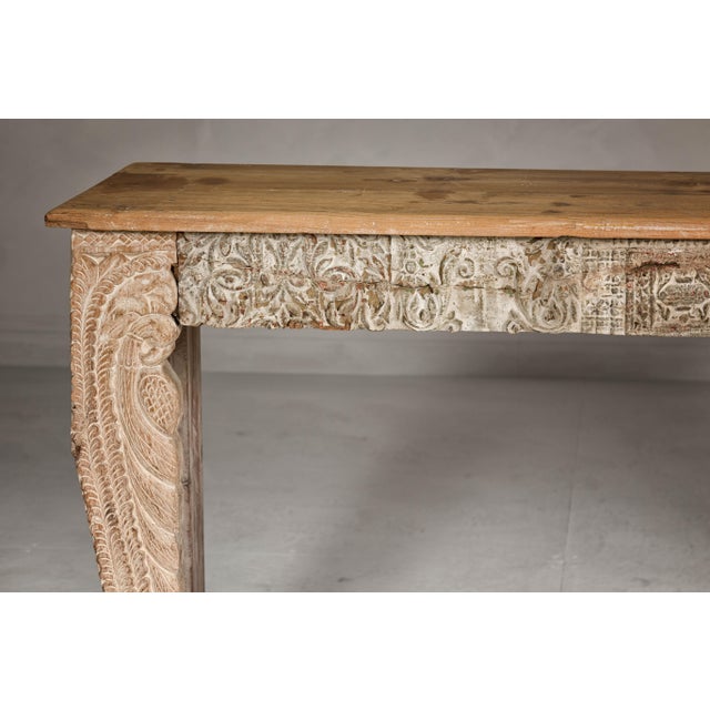 Mughal Style Whitewash Console Table with Foliage Carved Apron and Legs For Sale - Image 9 of 12