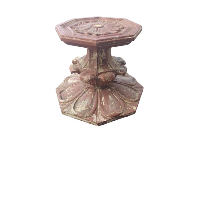 Vintage wooden chipped paint table base. Base is Corinthian in style and has original red chipped paint.
