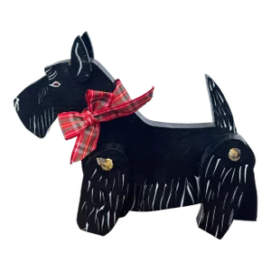 Vintage Articulated Wooden Scottie Dog Figurine – Handcrafted With Leather Joints and Tartan Bow