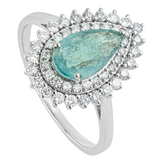 14k White Gold Double Halo Diamond Paraiba Tourmaline 1Carat Engagement Ring Size 5.5 For Sale