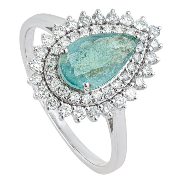 14k White Gold Double Halo Diamond Paraiba Tourmaline 1Carat Engagement Ring Size 5.5 For Sale