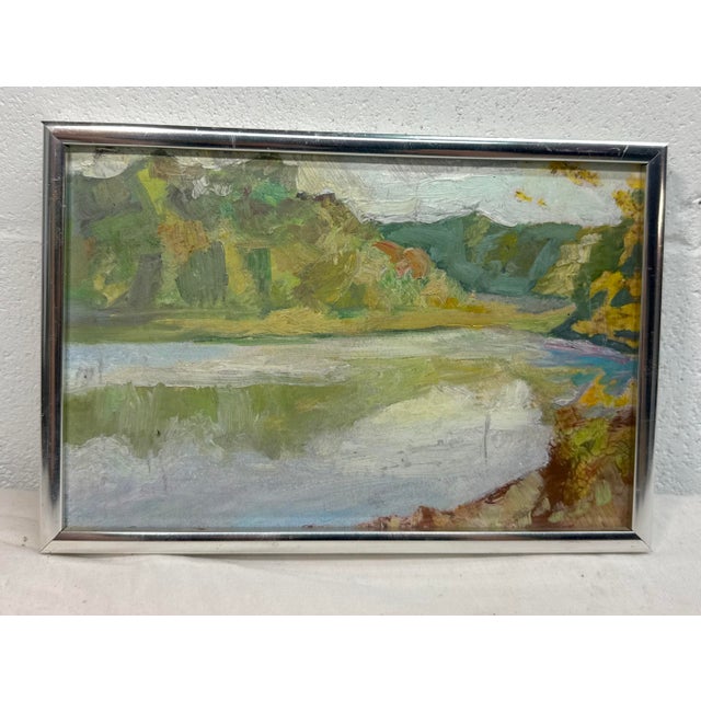 Up for sale is a vintage original miniature abstract expressionistic oil painting depicting a river landscape. This...
