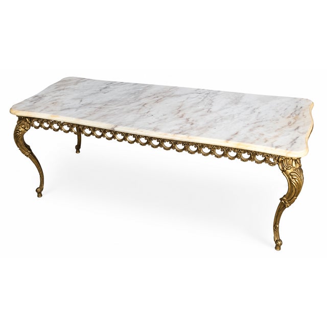 Metal Vintage French Hollywood Regency / Louis XV Style Marble Coffee Table with Brass Legs, 1960s For Sale - Image 7 of 7