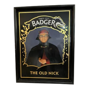 1950s Hand Painted Badger the Old Nick English Pub Sign Devilish Cap
