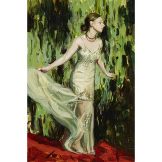 Garden Wind by Nadezda | Oil on Panel Woman in a flowing dress against a green background. For Sale