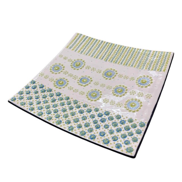 African Vintage South African Hand-Painted Ceramic Square Platter – Blue & Lime Green Dot Art For Sale - Image 3 of 12