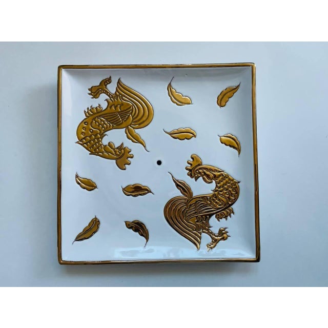 Arts & Crafts White Porcelain Gold Rooster Tri Level Serving Tray Exclusive of Italy Saks Fifth Avenue For Sale - Image 3 of 9