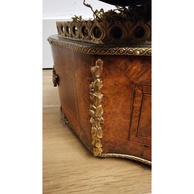 Bronze Antique Marquetry Inlaid Wooden Jardiniere With Bronze Mounts For Sale - Image 8 of 11