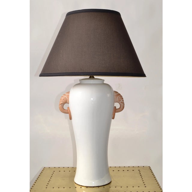 Asian Oriental inspired Hollywood Regency White Glazed Terracotta Ginger Jar Table Lamp with elephant handles. Perfect...
