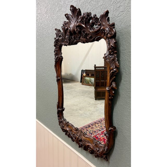 Antique French Rococo Mirror Framed Hanging Wall Mirror Rectangular Carved Oak For Sale - Image 17 of 18