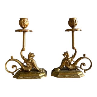 Late 19th Century French Neoclassical Brass Griffin Candlesticks – A Pair For Sale