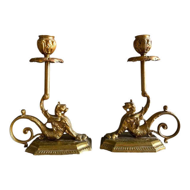 Late 19th Century French Neoclassical Brass Griffin Candlesticks – A Pair For Sale