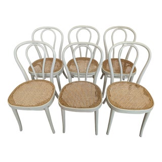 Vintage Dining Chairs in White Wood with Cane Seats, 1970s, Set of 6 For Sale