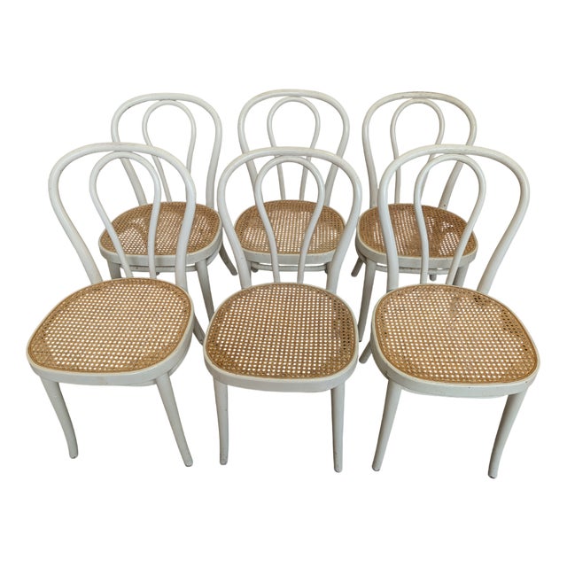 Vintage Dining Chairs in White Wood with Cane Seats, 1970s, Set of 6 For Sale