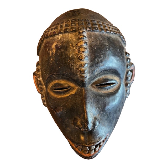 Vintage African Carved Wooden Baule Mask (10"x8") Tribal Art Figure Smiling For Sale