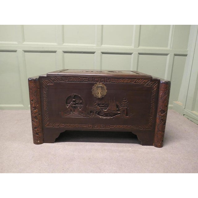 Wood Art Deco Carved Dark Camphor Wood Chest, 1920 For Sale - Image 7 of 8