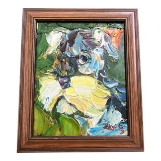 1980’s Original Abstract Schnauzer Dog Painting Signed Wood Frame For Sale
