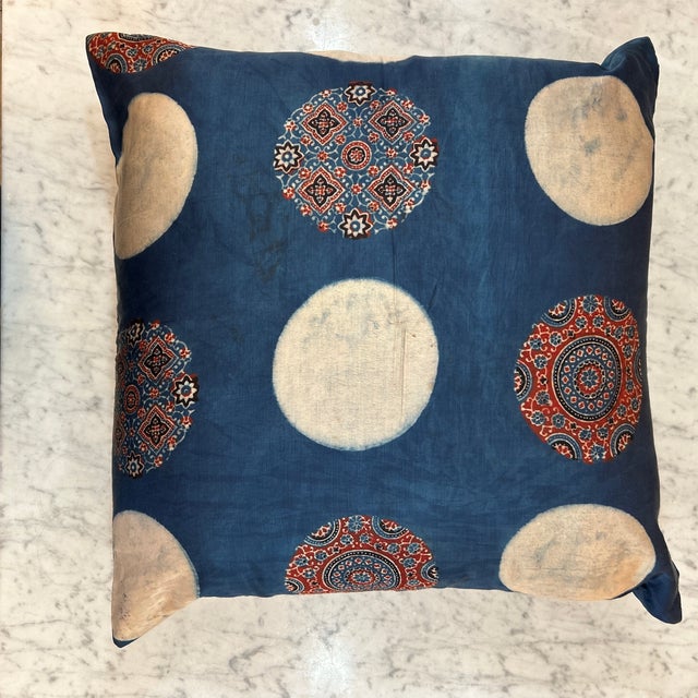 Blue Alamwar Natural Hand Dyed Indigo Pillow With New Feather Down Insert For Sale - Image 8 of 8