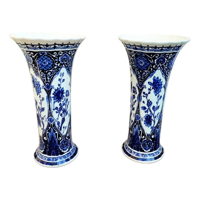 Delft Blue Pottery Trumpet Vases from Boch Royal Sphinx Maastricht, Holland, 1960s, Set of 2 For Sale