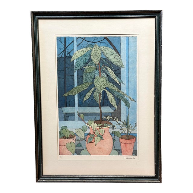 Vintage Botanical Potted Houseplants Signed Lithograph For Sale
