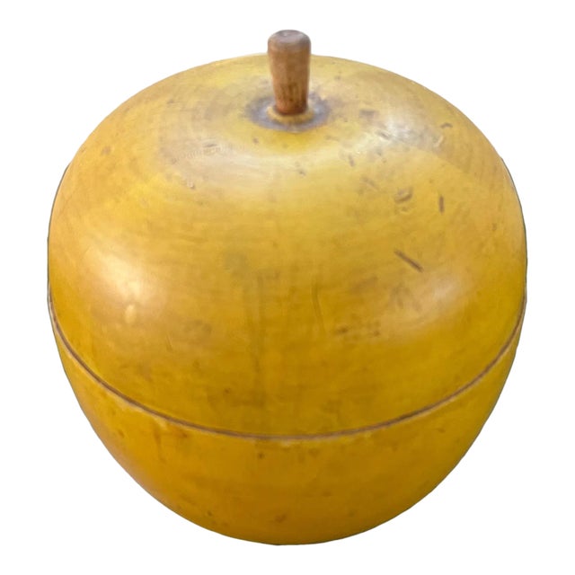 Antique Early 20th Century Paint Decorated Carved Wood Yellow Golden Apple Box For Sale