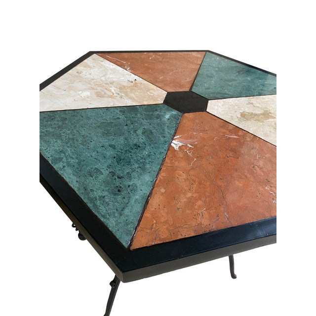 Metal Mid-Century English Gothic Style Iron Side Table With Hexagonal Marble Inlay Top For Sale - Image 7 of 12
