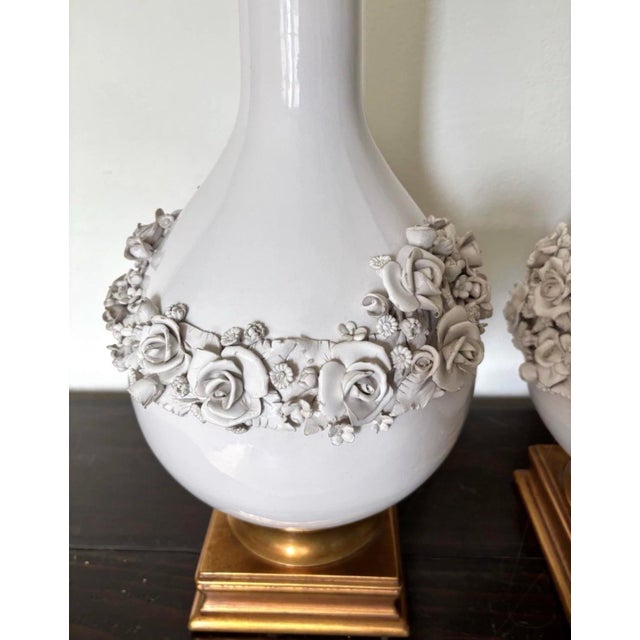 Pair of 1960s Tall White Italian Porcelain Floral Lamps by Marbro For Sale In Seattle - Image 6 of 7