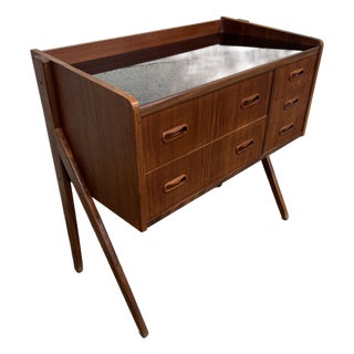 Danish Mini Mid Century Teak Glass Top Console Night Table Vanity For Sale