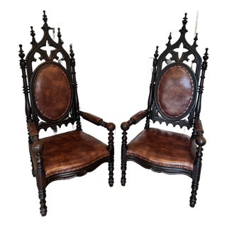 Pair of Antique Victorian Gothic Revival High-Back Walnut Armchairs — C. 1870–1885 For Sale