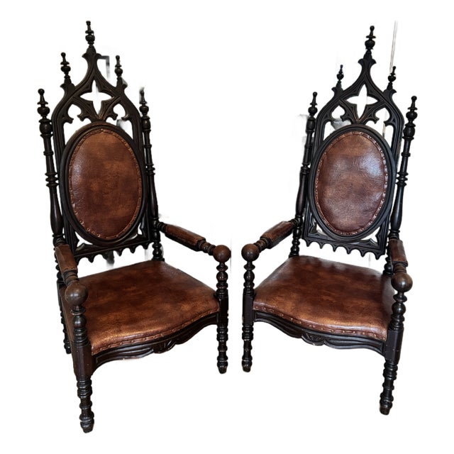 Pair of Antique Victorian Gothic Revival High-Back Walnut Armchairs — C. 1870–1885 For Sale