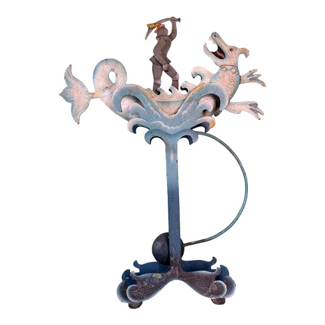 Whimsical Cast Iron Kinetic Figural Folk Art Toy With Knight and Dragon Motif For Sale