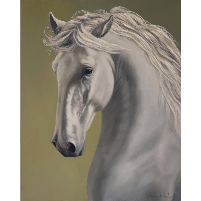 Triumph by Sarah van der Helm | Oil on panel Portrait of a white horse. For Sale