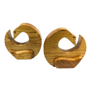 Solid Hand Carved Wood Folk Art Duck Bookends For Sale