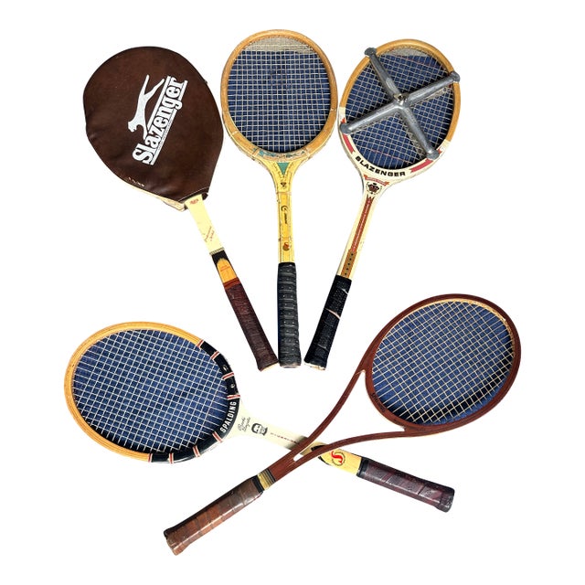 Vintage Collection of Spalding and Slazenger Wooden Tennis Rackets With Clamp For Sale