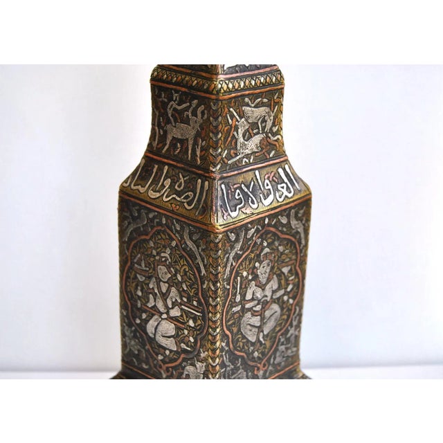 Late 19th Century Silver Copper Inlaid Antique Lamp Candlestick Safavid Mughal Engraved For Sale - Image 5 of 8