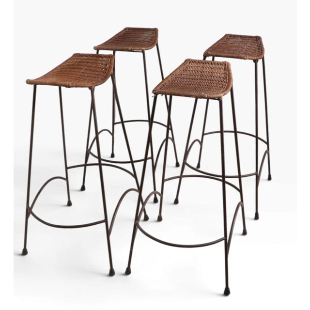 Set of Four Mid Century Wrought Iron and Wicker Bar Stools For Sale - Image 10 of 16