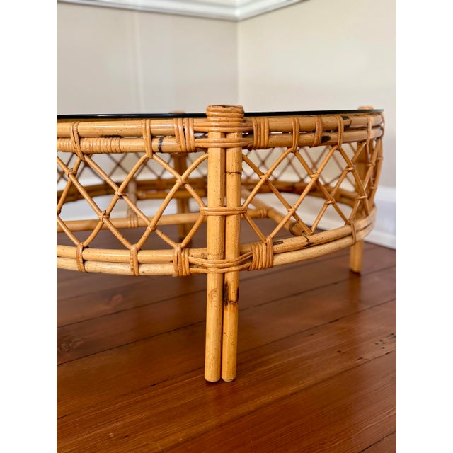 Vintage Round Bamboo and Rattan Coffee Table With Glass Top For Sale - Image 4 of 12