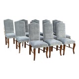 Bespoke Blue Velvet + Oak Wood Dining Chairs, Set of Twelve For Sale
